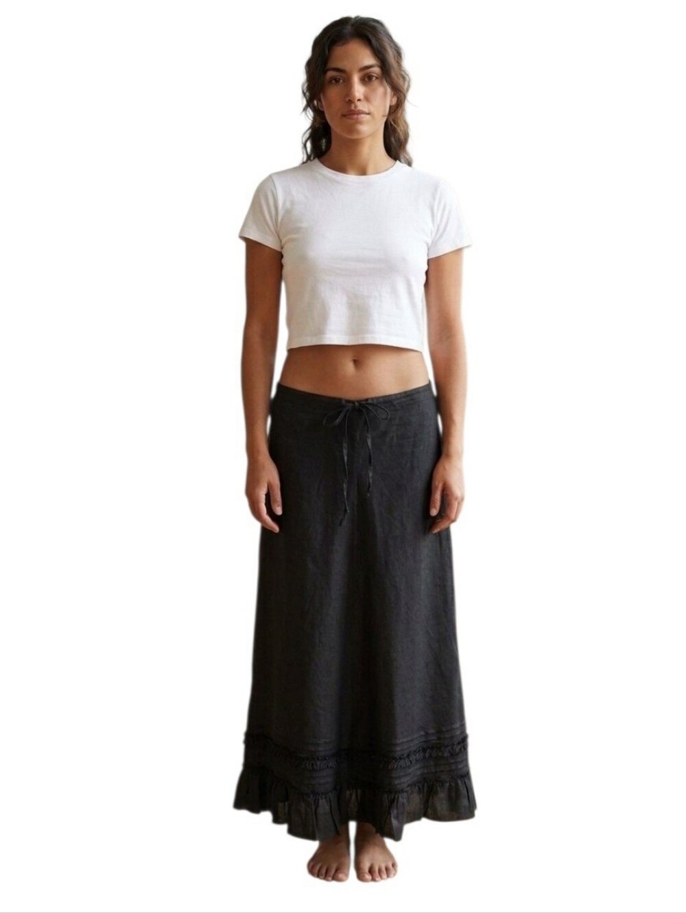 Vintage Y2K Old Navy 100% Linen Black Low-Waist Boho Ruffled Maxi Skirt Size 8